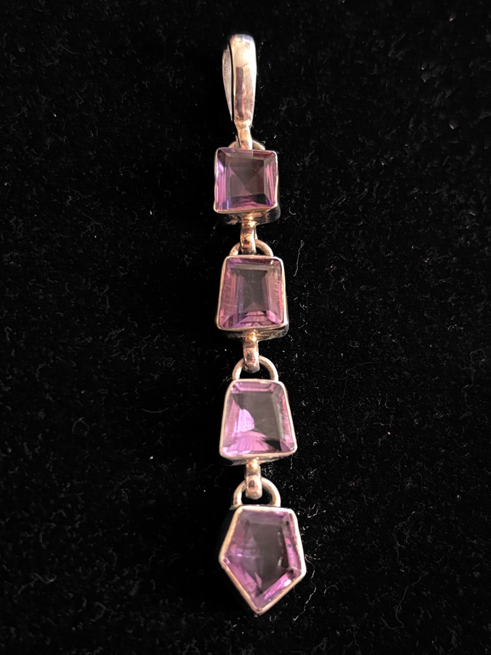 Sterling Silver Pendant with Four Purple Faceted Amethyst Gemstones 2.75” Long